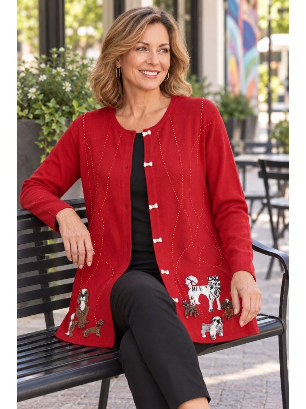 Quacker Factory 1X Red Dog Cardigan Beaded Applique Bone Buttons A54994